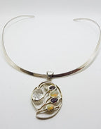 Sterling Silver Large Ornate Opal, Garnet and Clear Crystal Quartz Pendant on Sterling Silver Choker