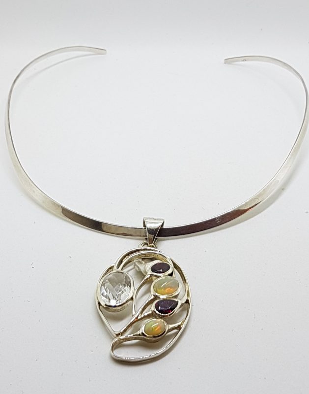 Sterling Silver Large Ornate Opal, Garnet and Clear Crystal Quartz Pendant on Sterling Silver Choker