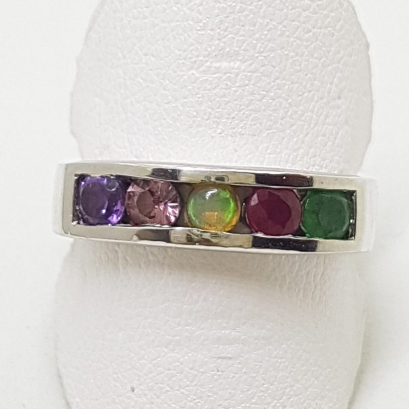 Sterling Silver Multi-Colour Gemstone " AMORE " Ring - Amethyst, Morganite, Opal, Ruby and Emerald