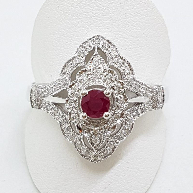 9ct White Gold Natural Ruby & Diamond Large Ornate Cluster Ring
