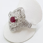 9ct White Gold Natural Ruby & Diamond Large Ornate Cluster Ring