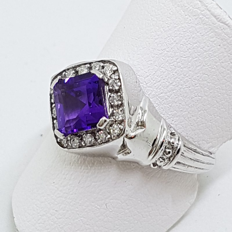 9ct White Gold Square Amethyst with Diamond Large Cluster Ring