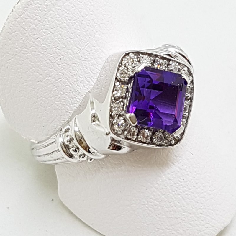 9ct White Gold Square Amethyst with Diamond Large Cluster Ring