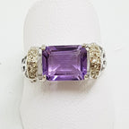 10ct White Gold Rectangular Amethyst with Diamond Ornate Filigree High Ring