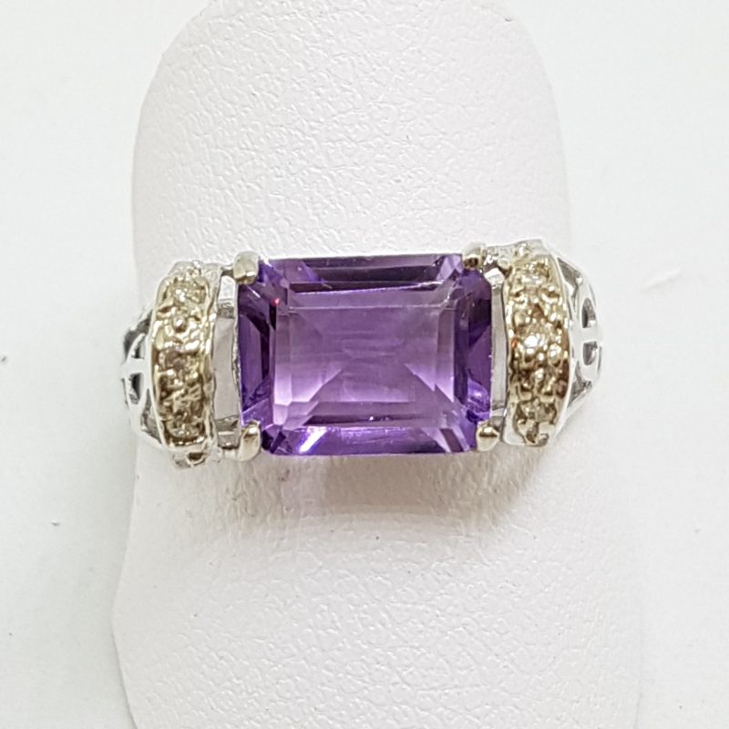 10ct White Gold Rectangular Amethyst with Diamond Ornate Filigree High Ring
