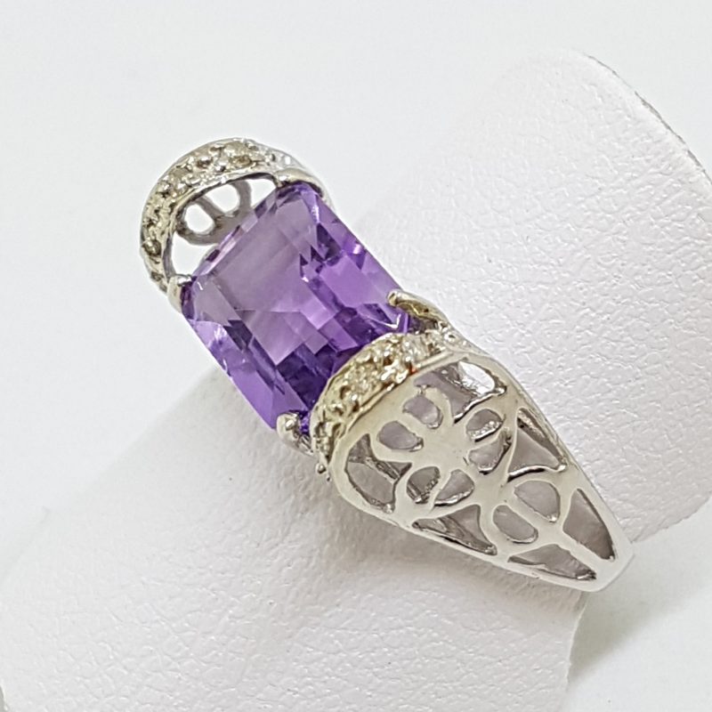 10ct White Gold Rectangular Amethyst with Diamond Ornate Filigree High Ring
