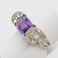 10ct White Gold Rectangular Amethyst with Diamond Ornate Filigree High Ring