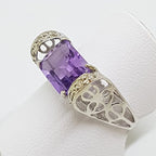 10ct White Gold Rectangular Amethyst with Diamond Ornate Filigree High Ring