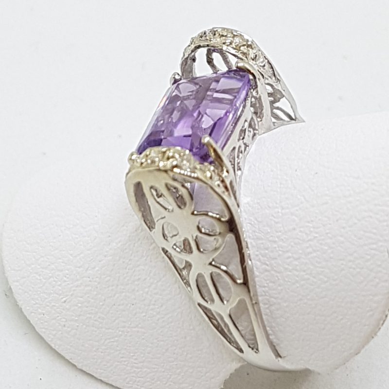 10ct White Gold Rectangular Amethyst with Diamond Ornate Filigree High Ring