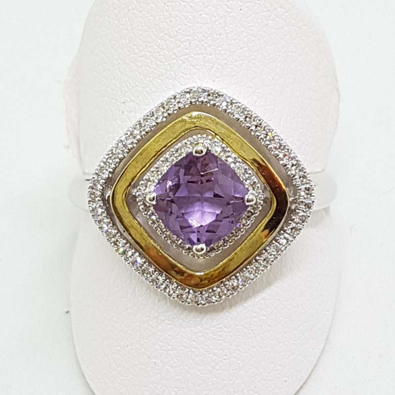 9ct Yellow Gold and White Gold Amethyst and Diamond Cluster Ring - Square