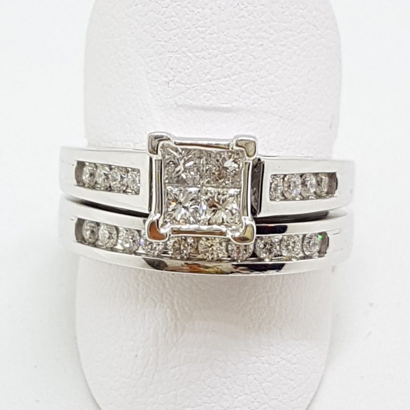18ct White Gold Channel Set Diamond Square Engagement Ring with Matching Wedding Band Set