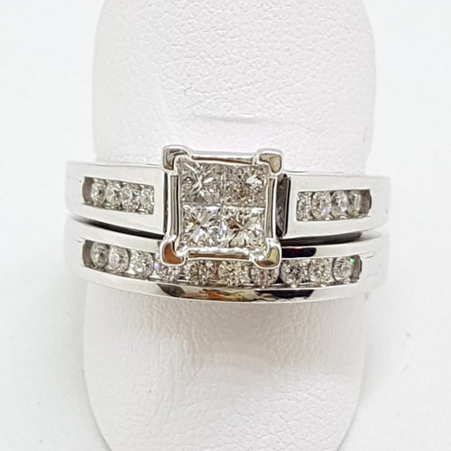 18ct White Gold Channel Set Diamond Square Engagement Ring with Matching Wedding Band Set