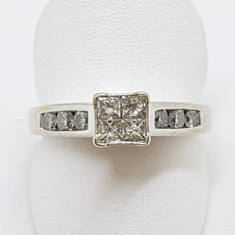 18ct White Gold Claw & Channel Set Diamond Square Cluster Engagement Ring