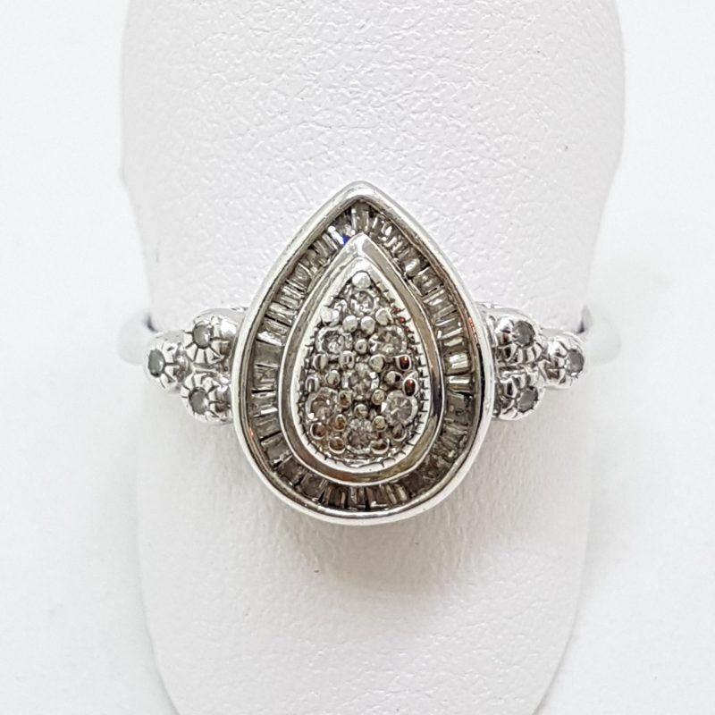 9ct White Gold Teardrop / Pear Shape Diamond Cluster Ring - Channel Set