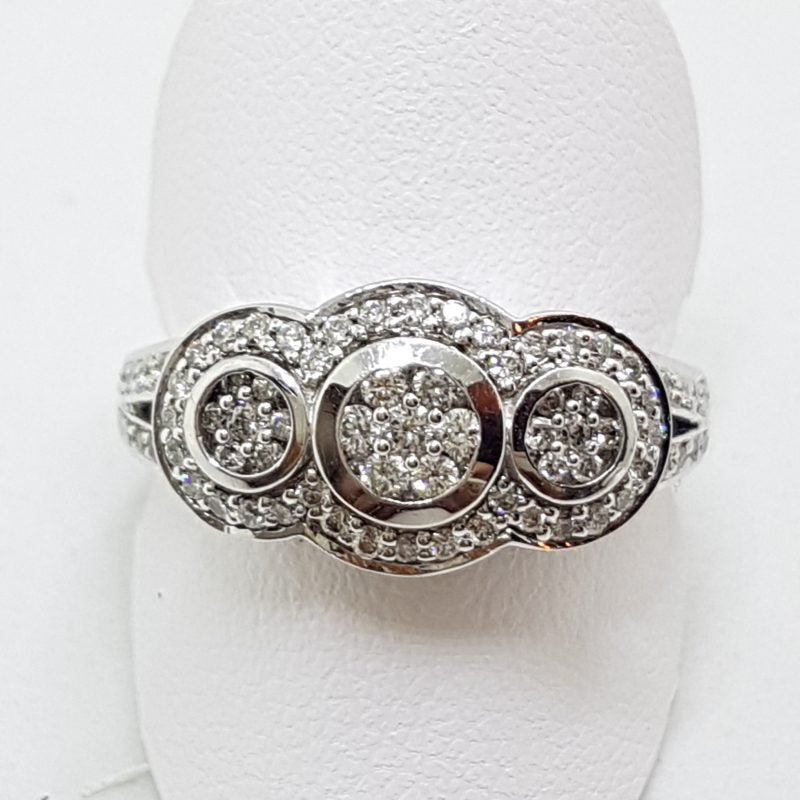 9ct White Gold Diamond Trilogy Cluster Ring - Art Deco Style