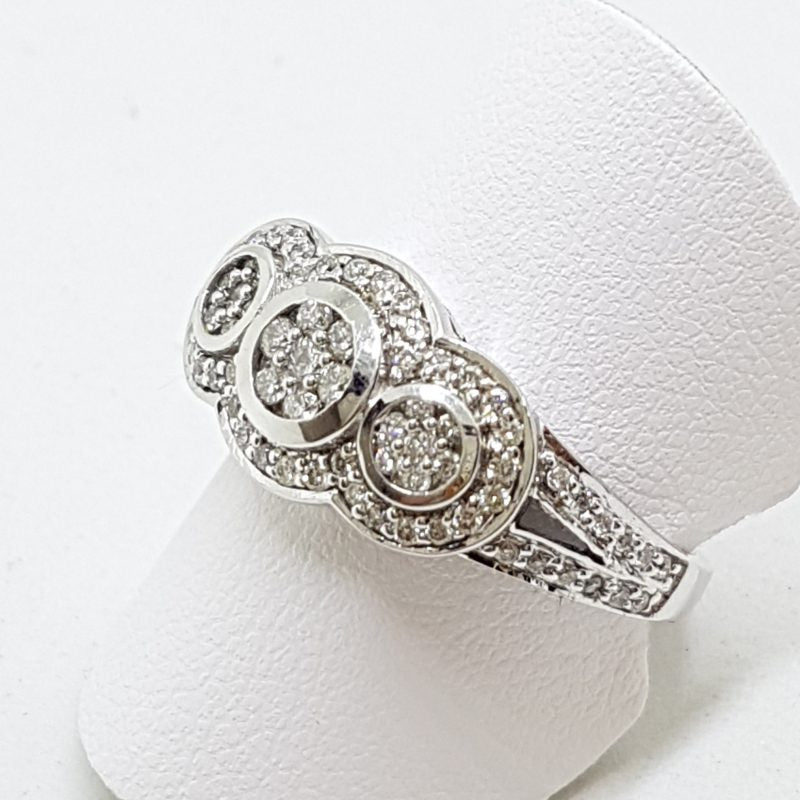9ct White Gold Diamond Trilogy Cluster Ring - Art Deco Style