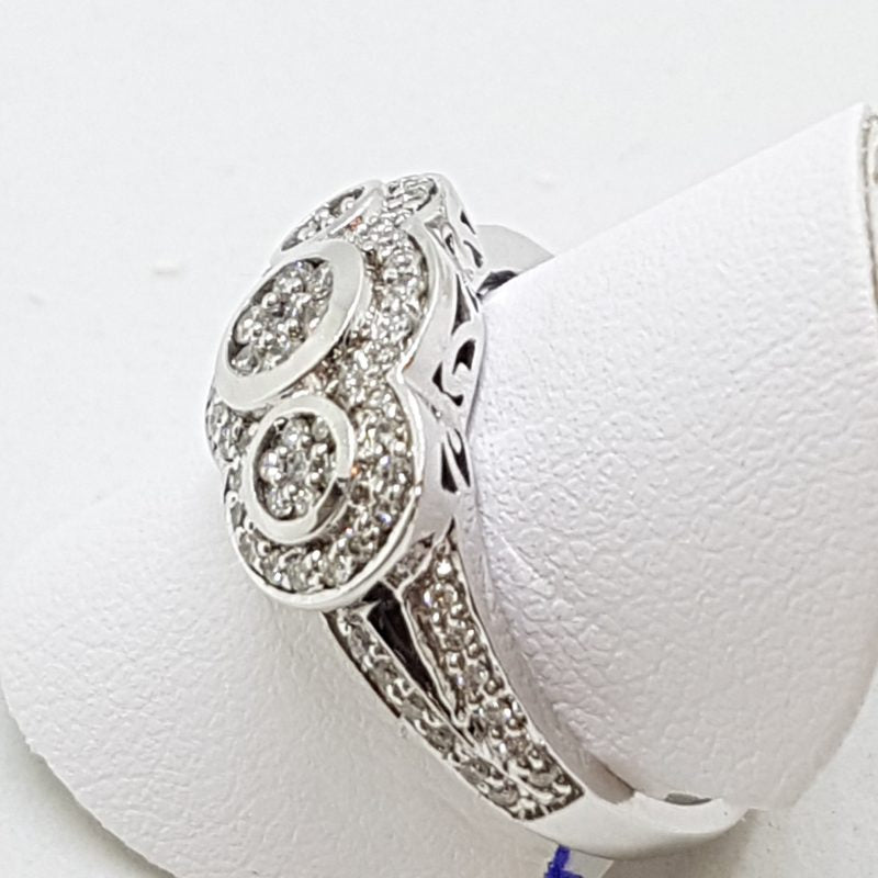 9ct White Gold Diamond Trilogy Cluster Ring - Art Deco Style