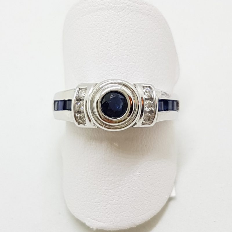 14ct White Gold Channel and Bezel Set Natural Sapphire &amp; Diamond Ring
