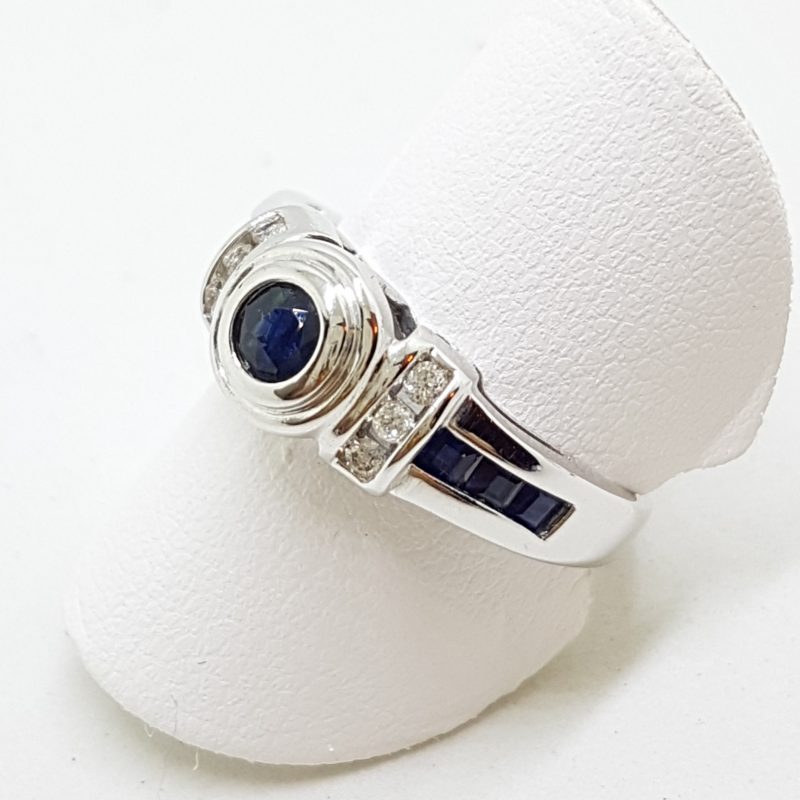 14ct White Gold Channel and Bezel Set Natural Sapphire &amp; Diamond Ring
