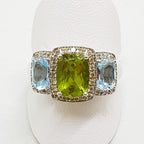 9ct White Gold Topaz, Peridot and Diamond Bridge Set Ring