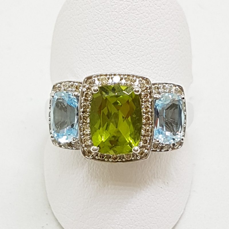 9ct White Gold Topaz, Peridot and Diamond Bridge Set Ring