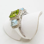 9ct White Gold Topaz, Peridot and Diamond Bridge Set Ring