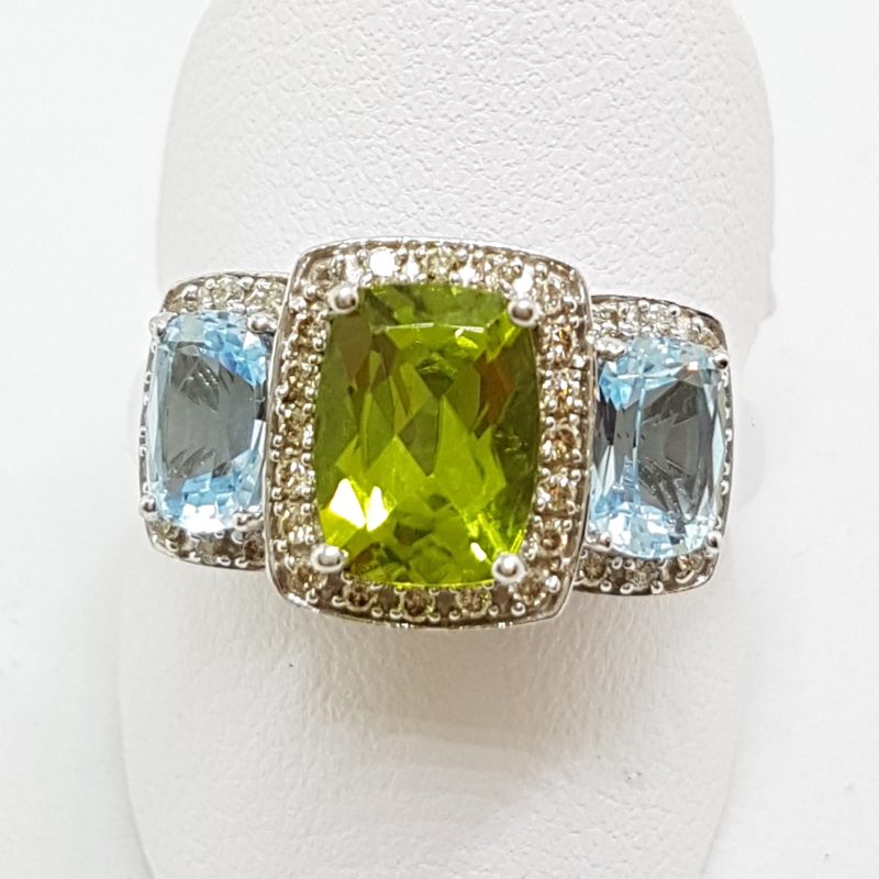 9ct White Gold Topaz, Peridot and Diamond Bridge Set Ring