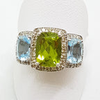 9ct White Gold Topaz, Peridot and Diamond Bridge Set Ring
