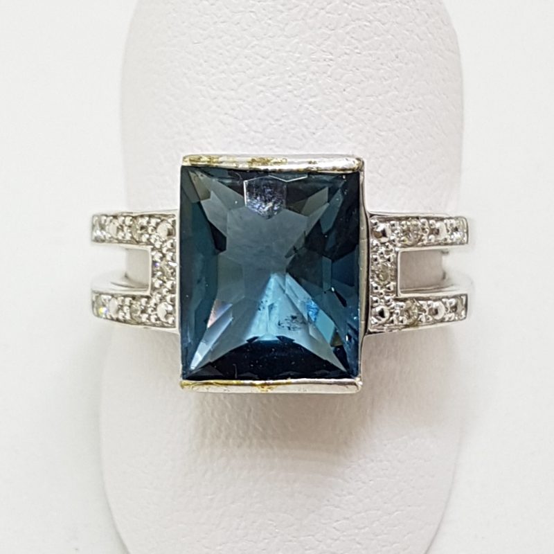 9ct White Gold Large Rectangular Blue Stone with Diamond Ring