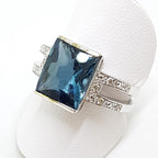 9ct White Gold Large Rectangular Blue Stone with Diamond Ring