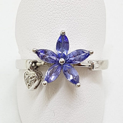 14ct White Gold Tanzanite Flower with Diamond Heart Drop Ring