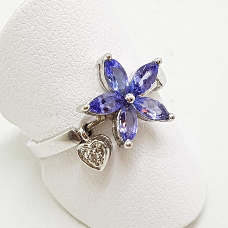 14ct White Gold Tanzanite Flower with Diamond Heart Drop Ring