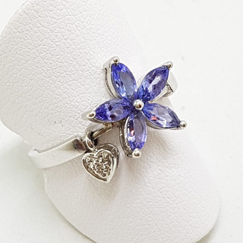 14ct White Gold Tanzanite Flower with Diamond Heart Drop Ring