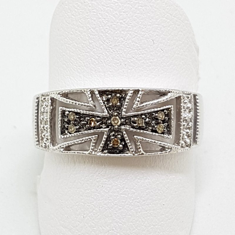 9ct White Gold Diamond (Dark &amp; Light) Wide Cross Design Band Ring