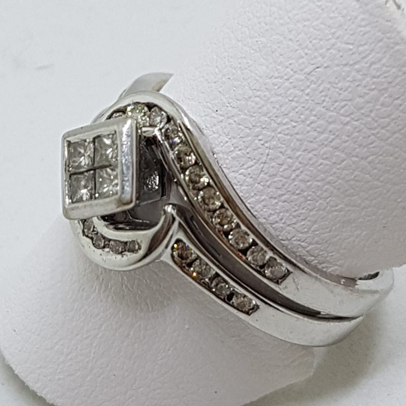 9ct White Gold Channel Set Diamond Curved Engagement & Wedding Ring Set