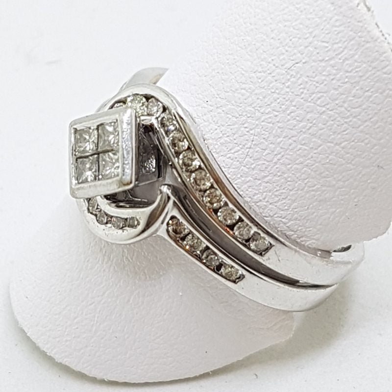 9ct White Gold Channel Set Diamond Curved Engagement & Wedding Ring Set