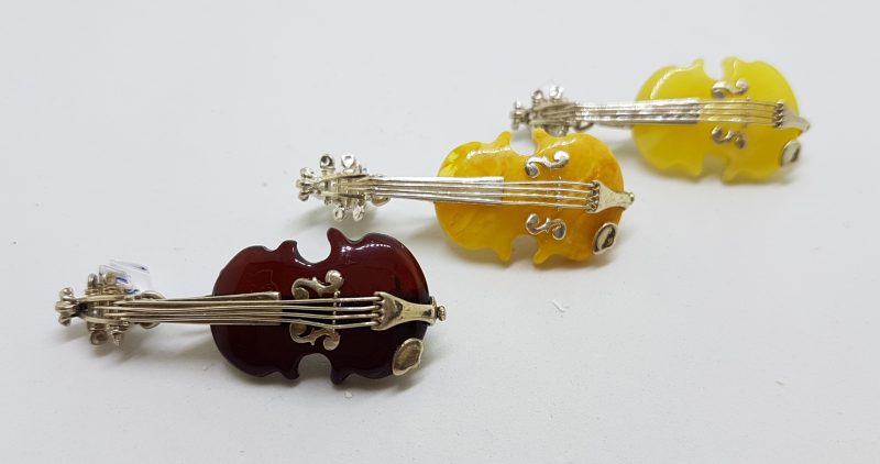 Sterling Silver Brown and Butter Natural Amber Carved Violin Brooches/Pendants - Sold Separately