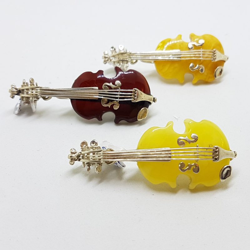 Sterling Silver Brown and Butter Natural Amber Carved Violin Brooches/Pendants - Sold Separately