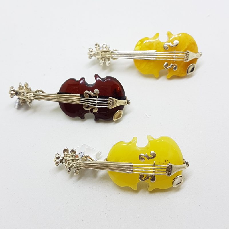 Sterling Silver Brown and Butter Natural Amber Carved Violin Brooches/Pendants - Sold Separately