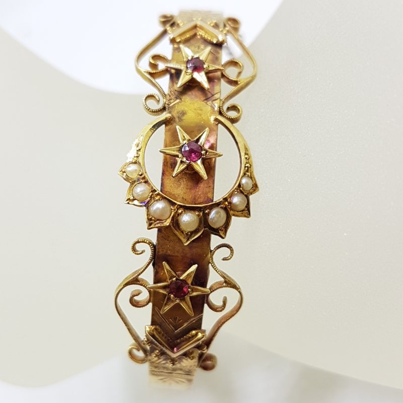 15ct Gold Ruby and Seed Pearl Star and Crescent Moon Bangle - Ornate