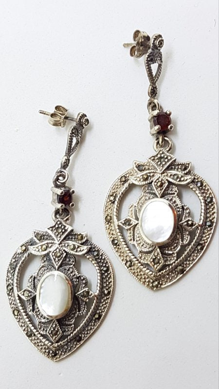 Sterling Silver Marcasite, Garnet & Mother of Pearl Large Ornate Drop Earrings