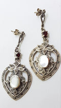 Sterling Silver Marcasite, Garnet & Mother of Pearl Large Ornate Drop Earrings