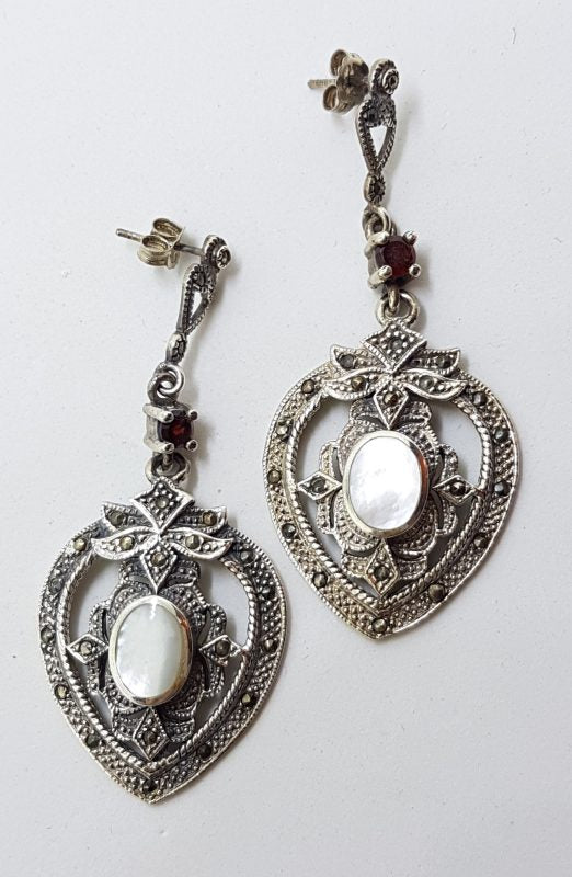 Sterling Silver Marcasite, Garnet & Mother of Pearl Large Ornate Drop Earrings