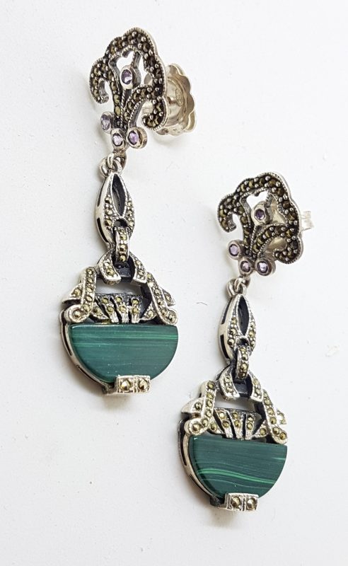 Sterling Silver Marcasite, Amethyst &amp; Malachite Long Art Deco Style Drop Earrings