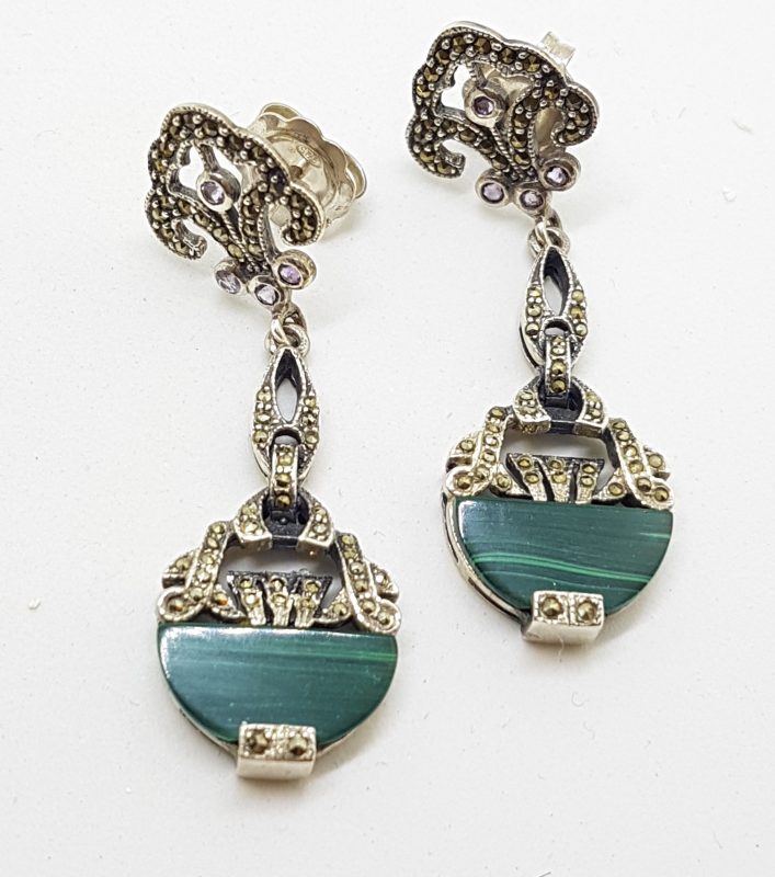 Sterling Silver Marcasite, Amethyst &amp; Malachite Long Art Deco Style Drop Earrings