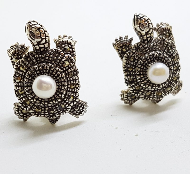 Sterling Silver Marcasite &amp; Pearl Large Turtle Stud Earrings