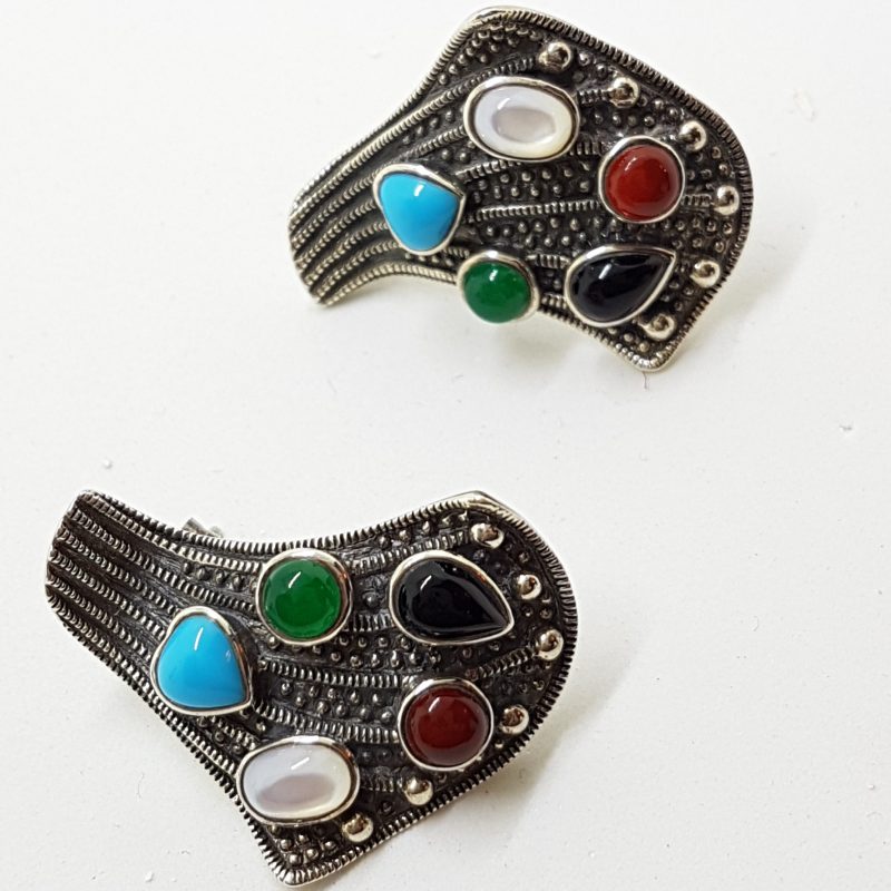 Sterling Silver Marcasite Large Multi-Gem Stud Earrings