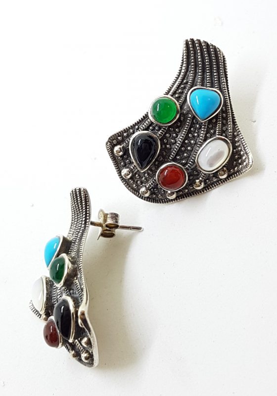 Sterling Silver Marcasite Large Multi-Gem Stud Earrings