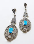Sterling Silver Marcasite Long Drop Earrings with Reconstituted Turquoise