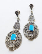 Sterling Silver Marcasite Long Drop Earrings with Reconstituted Turquoise